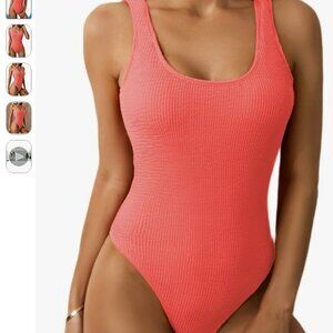 Ribbed Scoop Neck Low Back Bathing Suit, Coral